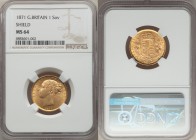 Victoria gold "Shield" Sovereign 1871 MS64 NGC, KM736.2. Young head type with shield reverse and die number 29. AGW 0.2355 oz. 

HID09801242017