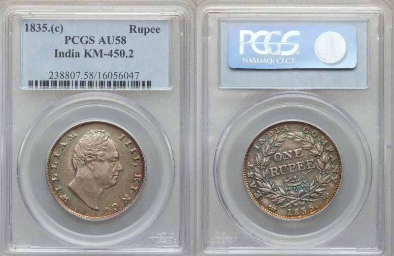 British India. William IV Rupee 1835-(c) AU58 PCGS, Calcutta mint, KM450.2. Red,...