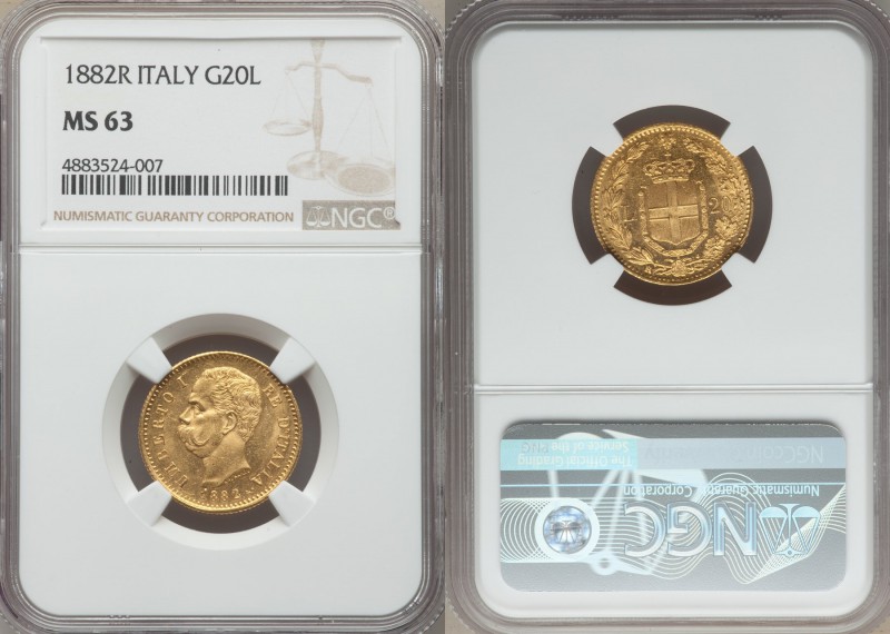 Umberto I gold 20 Lire 1882-R MS63 NGC, Rome mint, KM21.

HID09801242017