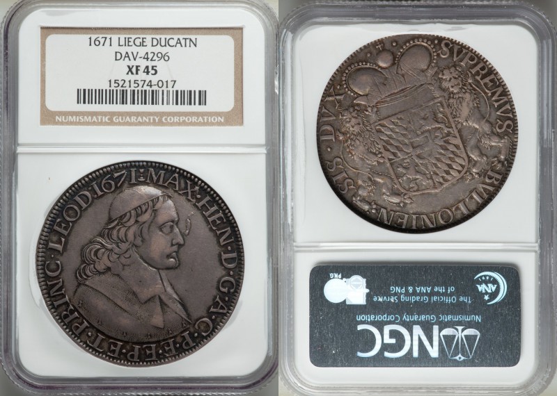 Maximilian Henry Ducatone 1671 XF45 NGC, KM84, Dav-4296. Magnificent dark lavend...