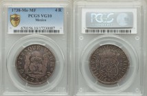 Philip V 4 Reales 1738 Mo-MF VG10 PCGS, Mexico City mint, KM94. Appears to be quite conservatively graded for type. Old dark original toning worthy of...