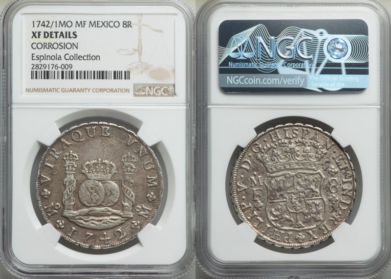 Philip V 8 Reales 1742/1 Mo-MF XF Details (Corrosion) NGC, Mexico City mint, KM1...