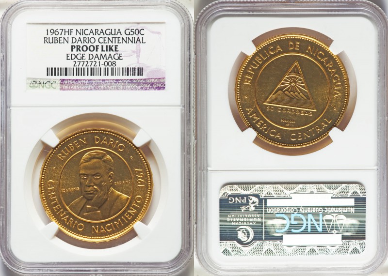 Republic gold "Ruben Dario Centennial" 50 Cordobas 1967-HF Prooflike Details (Ed...