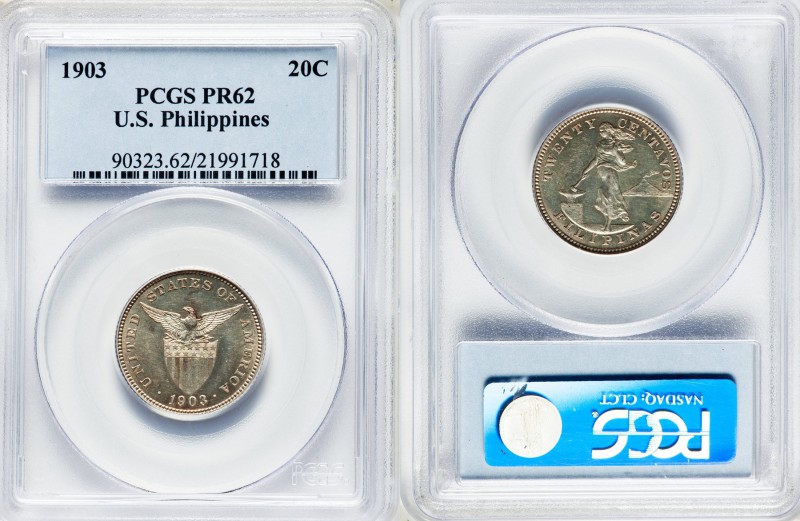 USA Administration Proof 20 Centavos 1903 PR62 PCGS, Philadelphia mint, KM166. M...