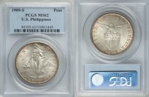 USA Administration Peso 1909-S MS62 PCGS, San Francisco mint, KM172. Light toning overall, mostly golden but some blue-green and red towards edges.

H...