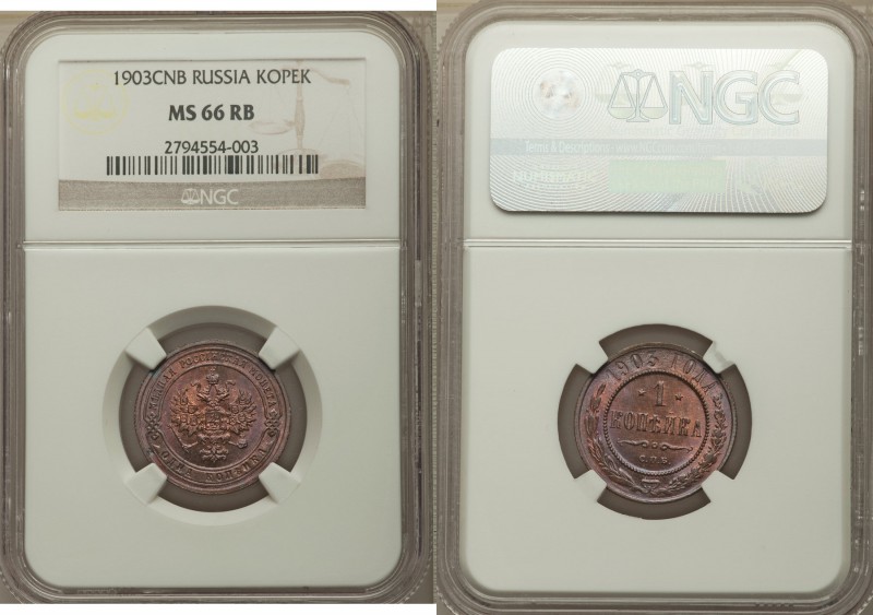 Nicholas II Kopeck 1903-CПБ MS66 Red and Brown NGC, St. Petersburg mint, KM-Y9.2...