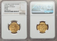 Philip II (1556-1580) gold Cob Escudo ND S-D AU58 NGC, Seville mint, Fr-178. 23mm. 3.33gm. Square D to right, very well struck centers, legends weak.
...