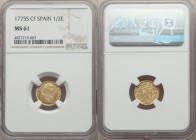 Charles III gold 1/2 Escudo 1775 S-CF MS61 NGC, Seville mint, KM415.2, Calicó 798. Bold strike with exceptional luster.

HID09801242017
