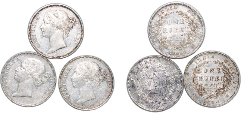 India India - British East India Company 1840 1 Rupee - Victoria (3 Lots) Silver...