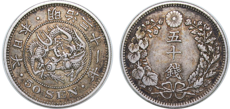 Japan Empire M31 (1898) 年一十三治明 50 Sen - Meiji Silver (.800) (22797041) 13.5g XF ...