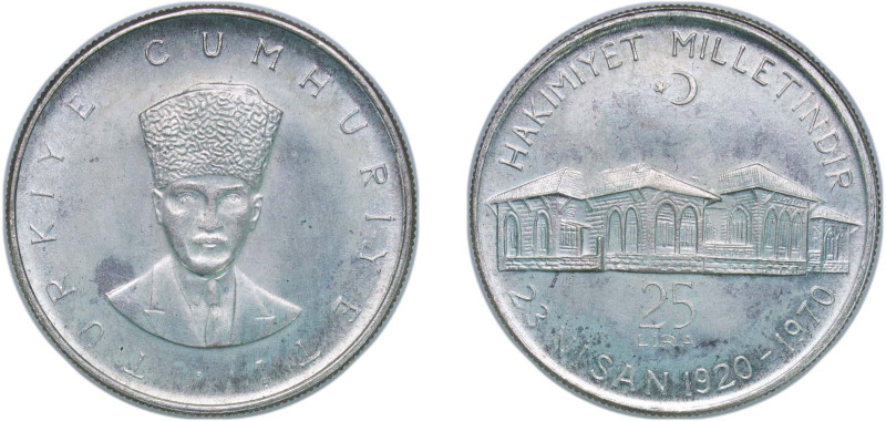 Turkey Republic 1970 25 Lira (National Assembly) Silver (.830) (23420) 14.6g UNC...