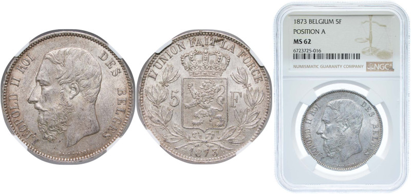 Belgium Kingdom 1873 5 Francs - Léopold II (small head) Silver (.900) Brussels M...