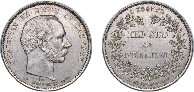 Denmark Kingdom 1888 ♥ 2 Kroner - Christian IX (Anniversary of Reign) Silver (.8...