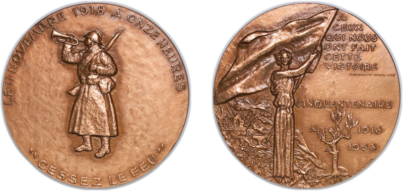 France Fifth Republic 1968 Medal - 50th anniversary of the end of WWI Bronze 167...