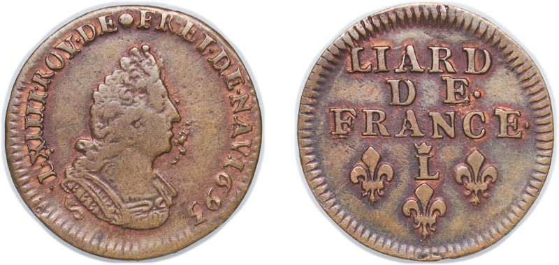 France Kingdom 1693 L Liard - Louis XIV Copper Lille Mint 3.34g XF Dy royales 15...