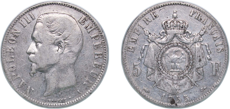 France Second Empire 1855 A 5 Francs - Napoleon III Silver (.900) Paris Mint 24....