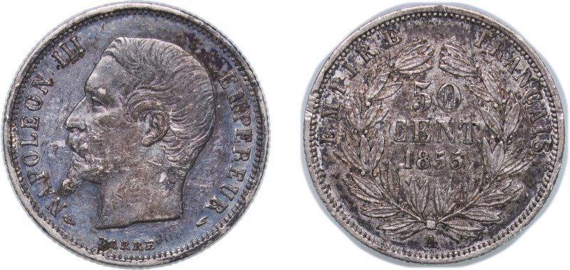 France Second Empire 1855 A 50 Centimes - Napoleon III Silver (.900) Paris Mint ...