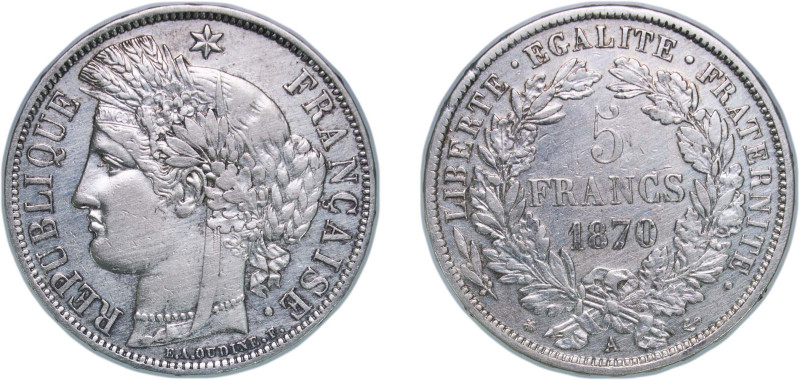 France Third Republic 1870 A 5 Francs (Ceres, With Motto) Silver (.900) Paris Mi...