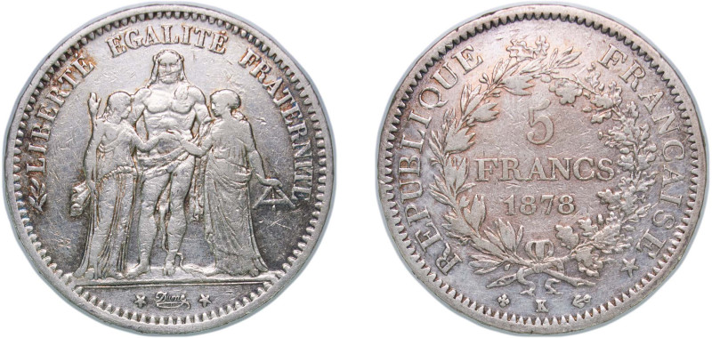 France Third Republic 1878 K 5 Francs (Hercule) Silver (.900) Bordeaux Mint (363...