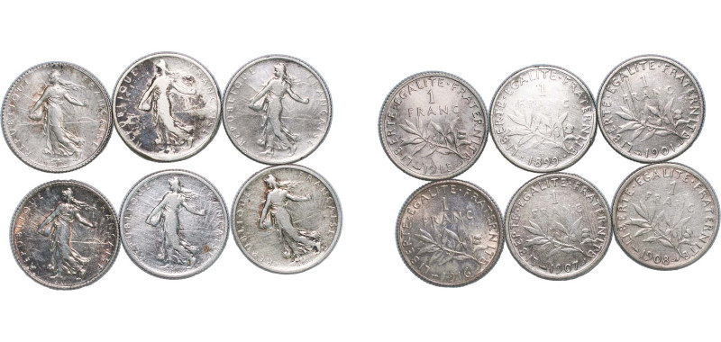 France Third Republic 1899 - 1916 1 Franc (6 Coins, Different Dates) Silver (.83...