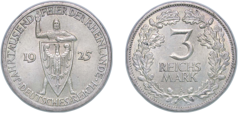 Germany Weimar Republic 1925 A 3 Reichsmark (Rhineland) Silver (.500) Berlin Min...