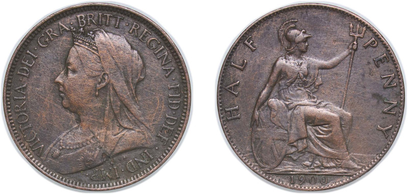 Great Britain United Kingdom 1900 1/2 Penny - Victoria (3rd portrait) Bronze Roy...