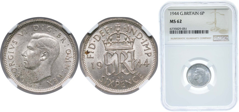 Great Britain United Kingdom 1944 6 Pence - George VI (1st coinage) Silver (.500...