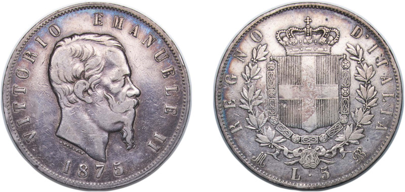 Italy Kingdom 1875 M BN 5 Lire - Victor Emmanuel II Silver (.900) Milan Mint (89...