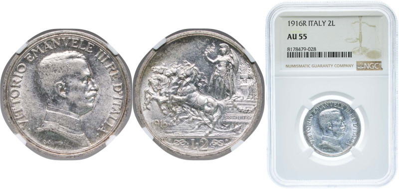 Italy Kingdom 1916 R 2 Lire - Victor Emmanuel III Silver (.835) Rome Mint (10923...