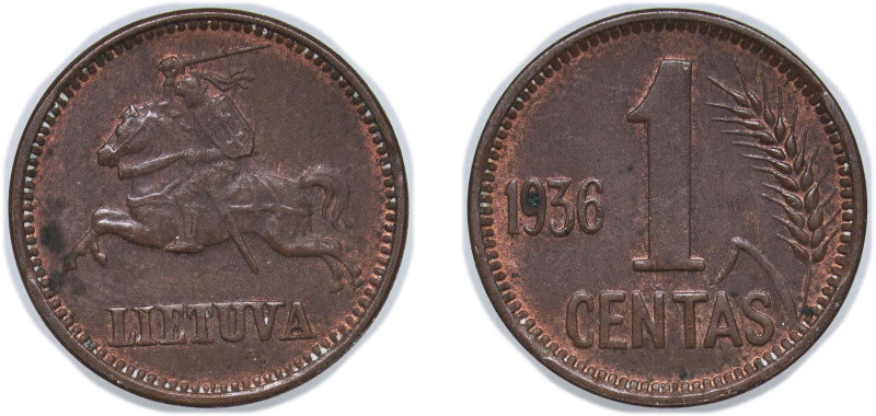 Lithuania Republic 1936 1 Centas Bronze (9995000) 1.93g AU KM 79