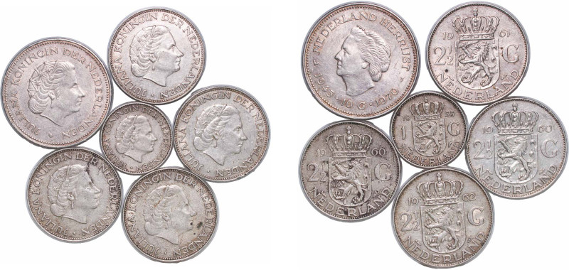 Netherlands Kingdom 1955 - 1970 Gulden - Juliana (6 Coins weight all 91.4gr) Sil...