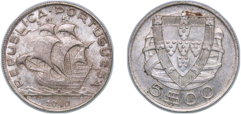 Portugal Second Republic 1940 5 Escudos Silver (.650) Lisbon Mint (1500000) 6.87...