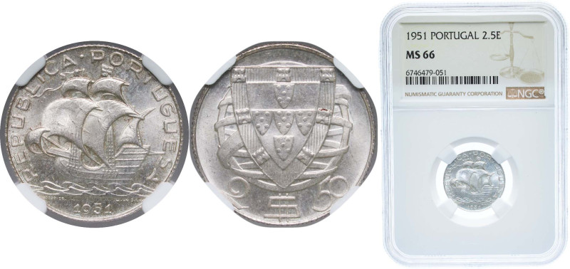 Portugal Second Republic 1951 2.50 Escudos Silver (.650) Lisbon Mint (4000000) 3...