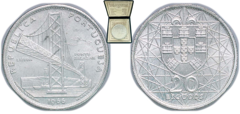 Portugal Second Republic 1966 20 Escudos (Salazar Bridge) Silver (.650) Lisbon M...