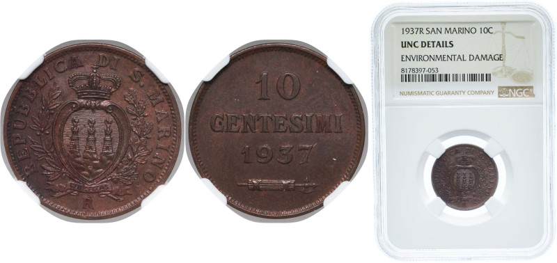 San Marino Republic 1937 R 10 Centesimi Bronze Rome Mint (400000) 5.4g NGC UNC E...