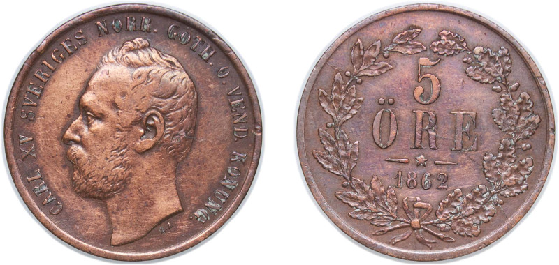 Sweden Kingdom 1862 5 Öre - Carl XV Bronze 8.64g XF KM 707