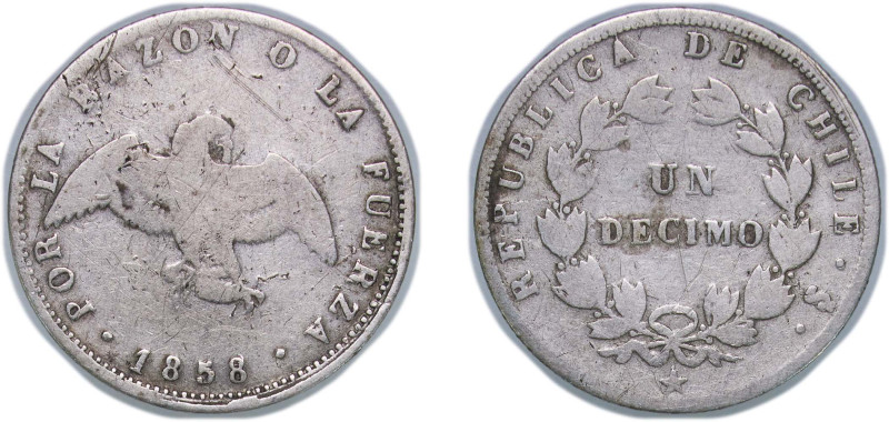 Chile Republic 1858 So 1 Décimo Silver (.900) Santiago Mint (540000) 2.42g F KM ...