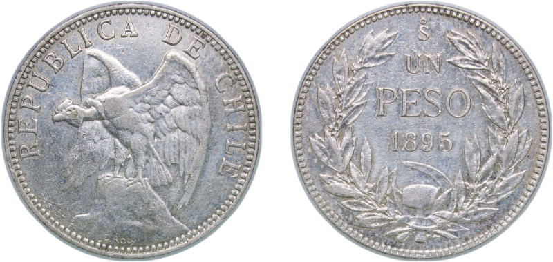 Chile Republic 1895 So 1 Peso Silver (.835) Santiago Mint (6086000) 20g XF KM 15...