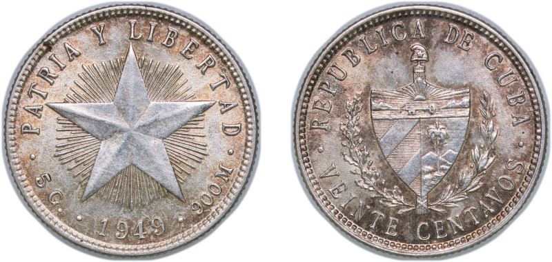 Cuba First Republic 1949 20 Centavos Silver (.900) Philadelphia Mint (13170000) ...