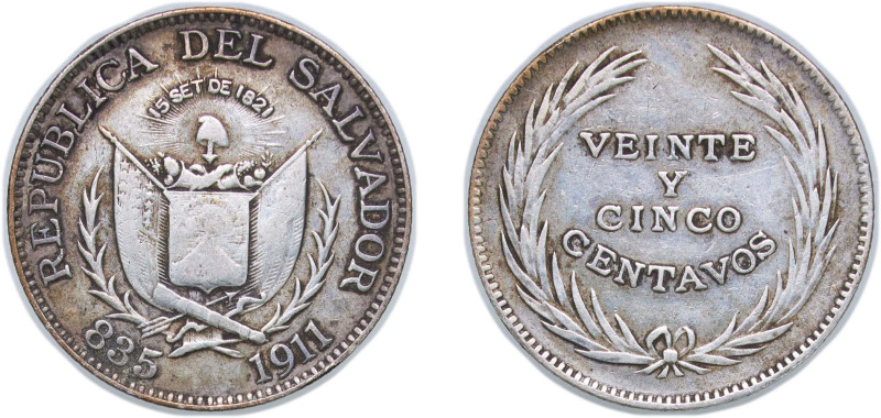 El Salvador Republic 1911 25 Centavos Silver (.835) Heaton and Sons / The Mint B...