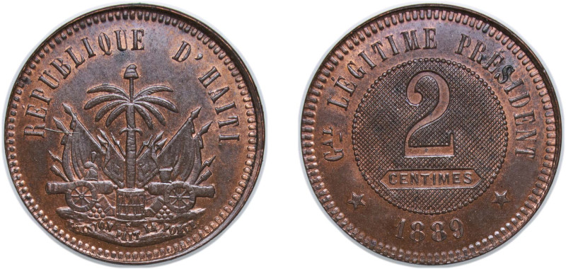 Haiti First Republic 1889 2 Centimes (Essai, This Republican issue was struck to...