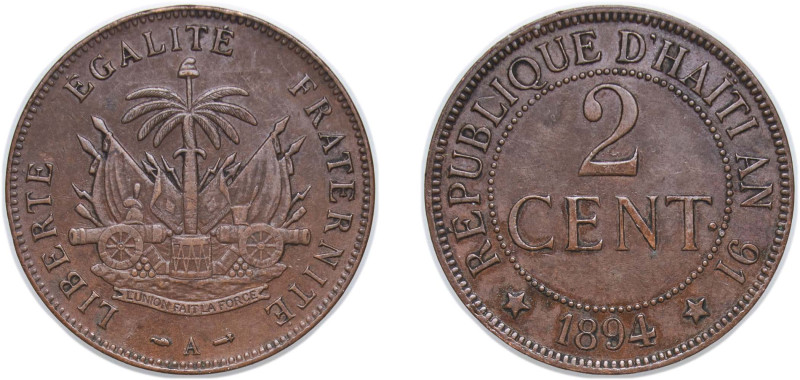 Haiti First Republic 1894 A 2 Centimes Bronze Paris Mint (3750000) 10g AU KM 49