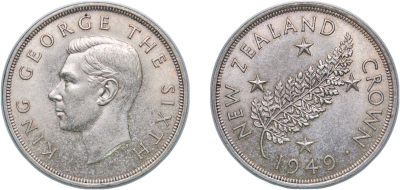 New Zealand State 1949 1 Crown - George VI (Royal Visit) Silver (.500) Royal Min...