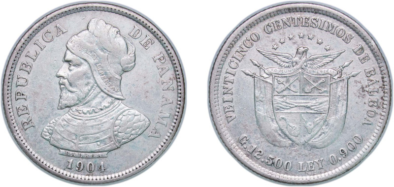 Panama Republic 1904 25 Centésimos Silver (.900) Philadelphia Mint (16000000) 12...