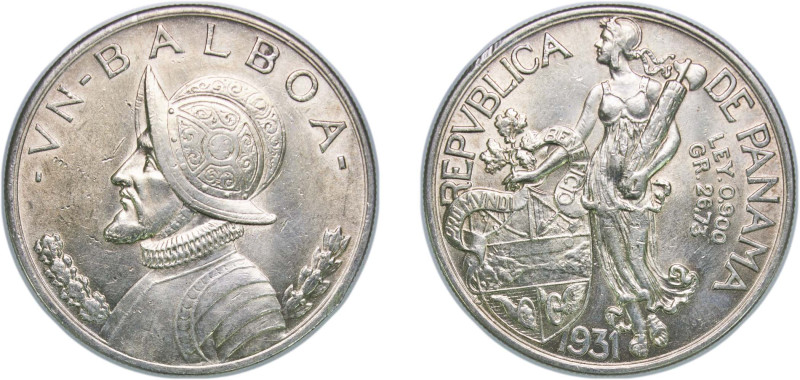 Panama Republic 1931 1 Balboa Silver (.900) Philadelphia Mint (200000) 26.73g AU...