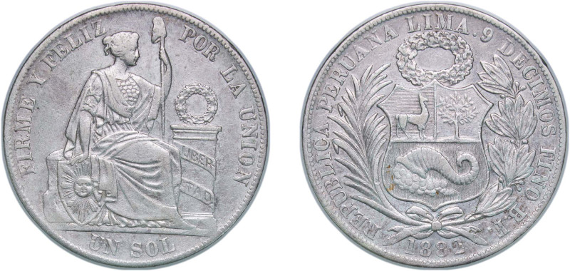 Peru Republic 1882 BF 1 Sol Silver (.900) 24.8g XF KM 196