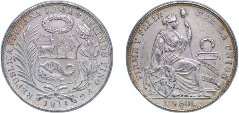 Peru Republic 1914 FG 1 Sol Silver (.900) 25g XF KM 196