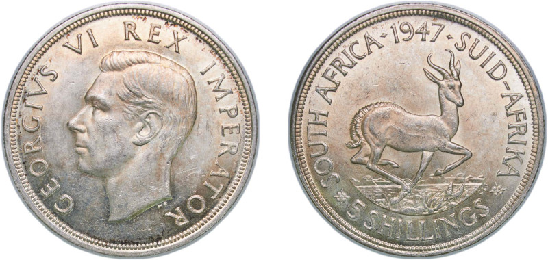 South Africa Union 1947 5 Shillings - George VI Silver (.800) (300000) 28.28g UN...