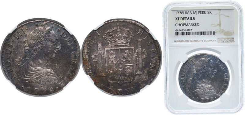 Peru Spanish colony 1778 LIMAE MJ 8 Reales - Charles III Silver (.903) Lima Mint...