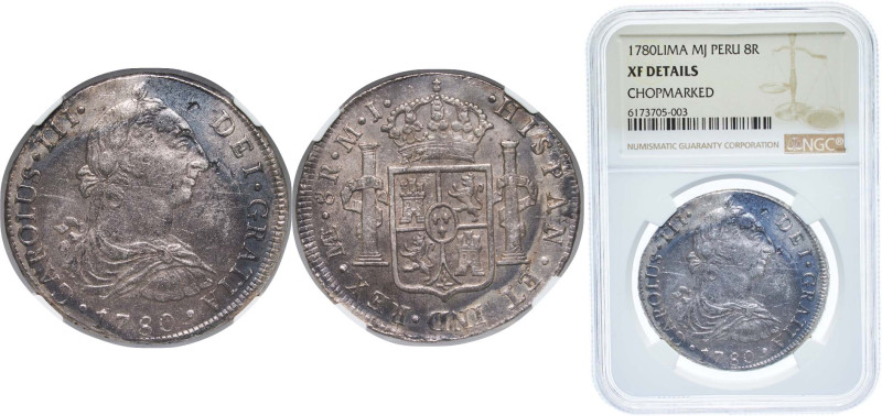 Peru Spanish colony 1780 LIMAE MJ 8 Reales - Charles III Silver (.903) Lima Mint...